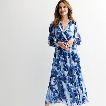 Women's London Times Floral Bishop Sleeve Mesh Surplice Maxi Dress