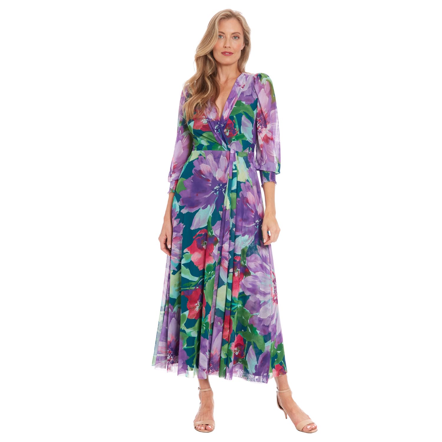 Женское платье London Times Floral Bishop Sleeve Mesh Surplice Maxi — фото 1