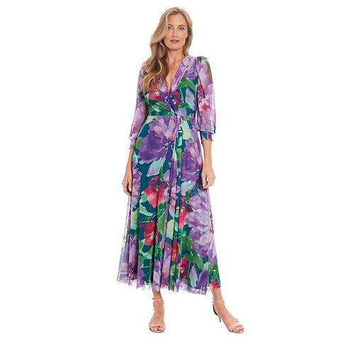 Женские платья London Women's London Times Floral Bishop Sleeve Mesh Surplice Maxi Dress
