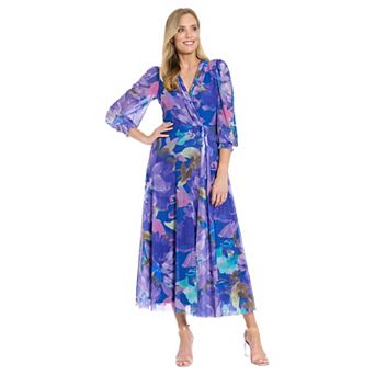Women's London Times Floral Bishop Sleeve Mesh Surplice Maxi Dress