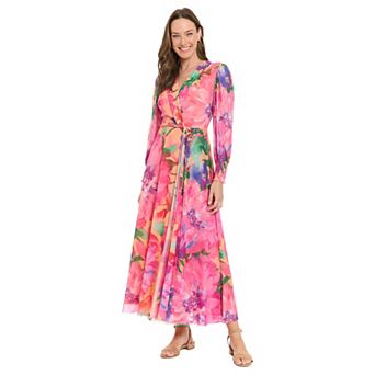 Women's London Times Floral Bishop Sleeve Mesh Surplice Maxi Dress