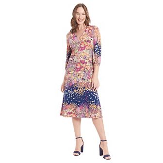 Women's London Times V-Neck 3/4 Bishop Sleeve Cinched Midi Dress