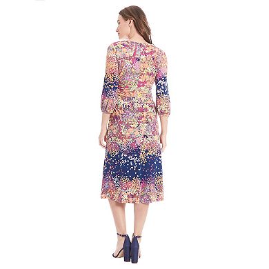 Women's London Times V-Neck 3/4 Bishop Sleeve Cinched Midi Dress