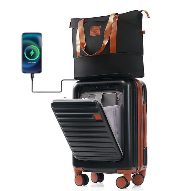 2 Pieces Luggage Set Front Opening 20 Inch Carry On Luggage w Expandable Travel Bag Set Suitcase Set w USB Port Cup Holder Black