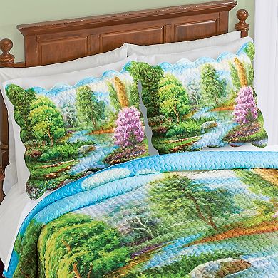 Collections Etc Vibrant Spring Scene Scalloped Edge Pillow Sham Set