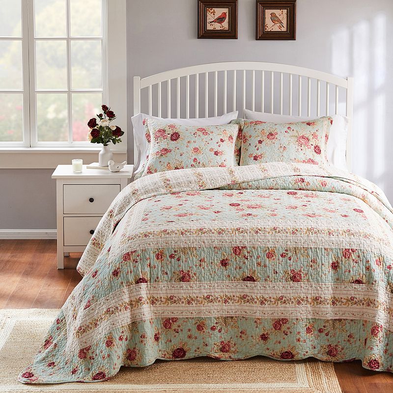 Greenland Home Fashions Antique Rose 100% Cotton Reversible Bedspread Set  Jumbo Size 3-Piece King  Blue