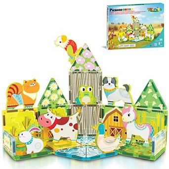 PicassoTiles 26 pc Farm, STEM Toy Magnetic Tiles, Building Blocks for Kids Age 3 & Up, PTQ27