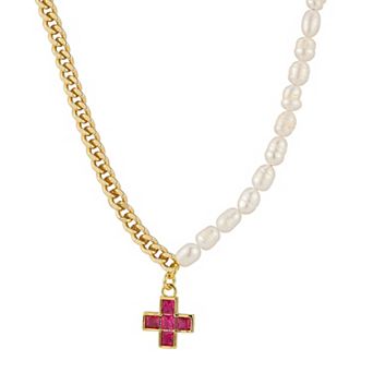 WINX 18k Gold Plated Cubic Zirconia Freshwater Cultured Pearl Cross Necklace
