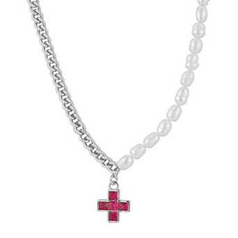 WINX 18k Gold Plated Cubic Zirconia Freshwater Cultured Pearl Cross Necklace