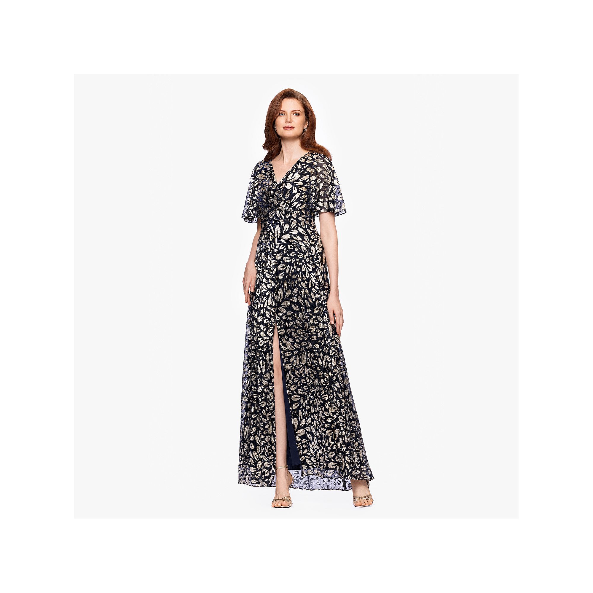 Womens BA Nites Long Foil Flutter Sleeve Dress, Size: 4, Navy Gold Leaf