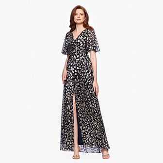 Women's BA Nites Long Foil Flutter Sleeve Dress