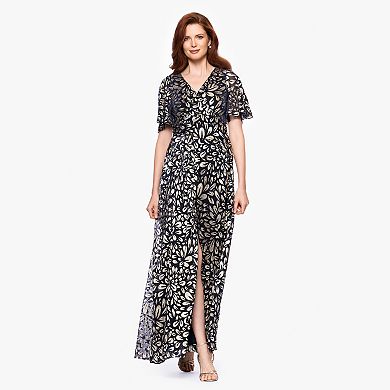 Women's BA Nites Long Foil Flutter Sleeve Dress