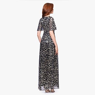 Women's BA Nites Long Foil Flutter Sleeve Dress