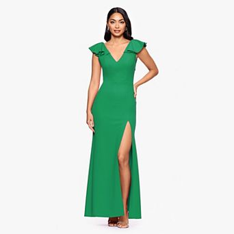 Women's BA Nites Long Scuba Crepe Ruffle V-Neck Dress