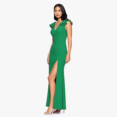 Women's BA Nites Long Scuba Crepe Ruffle V-Neck Dress
