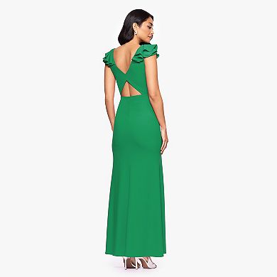 Women's BA Nites Long Scuba Crepe Ruffle V-Neck Dress