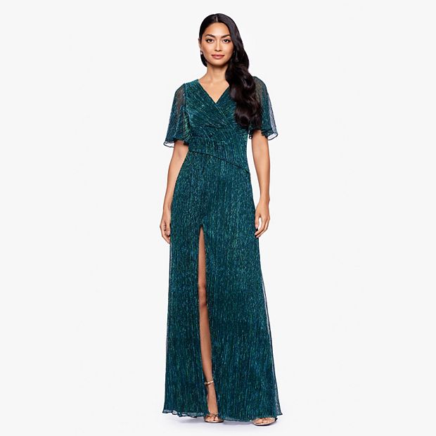 Women's BA Nites Long Metallic Knit V-Neck Short Sleeve Dress