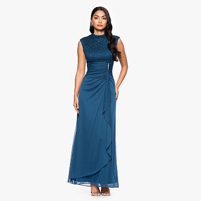 Women's BA Nites Long Lace Top Sheer Matte Jersey Side Ruffle Dress