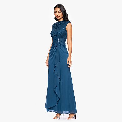 Women's BA Nites Long Lace Top Sheer Matte Jersey Side Ruffle Dress