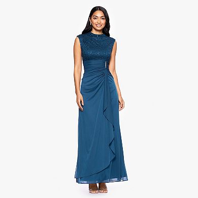 Women's BA Nites Long Lace Top Sheer Matte Jersey Side Ruffle Dress
