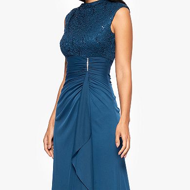 Women's BA Nites Long Lace Top Sheer Matte Jersey Side Ruffle Dress