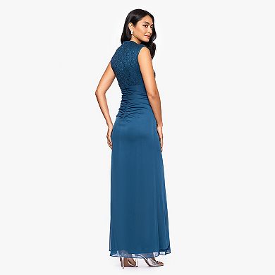 Women's BA Nites Long Lace Top Sheer Matte Jersey Side Ruffle Dress