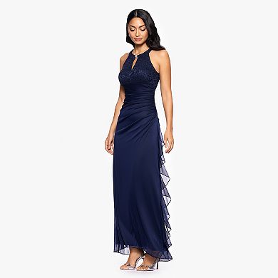 Women's BA Nites Long Sheer Matte Jersey With Lace Dress