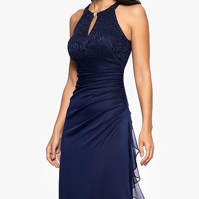 Women's BA Nites Long Sheer Matte Jersey With Lace Dress