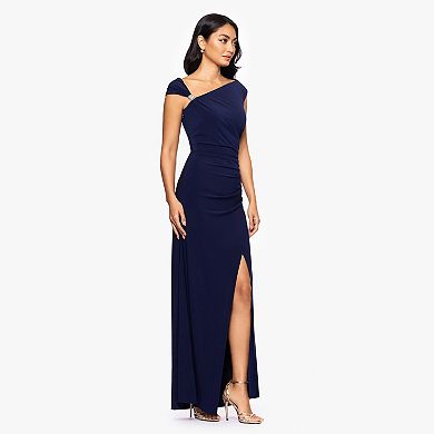 Women's BA Nites Long Ity Asymmetrical Neck Cap Sleeve Dress