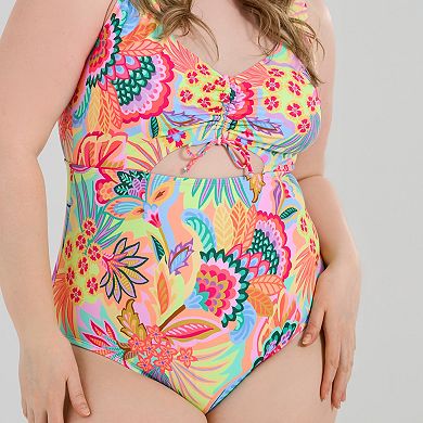 Plus Size Freshwater Keyhole Shirred Front One-Piece Swimsuit