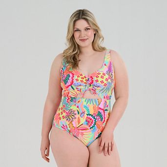 Plus Size Freshwater Keyhole Shirred Front One-Piece Swimsuit