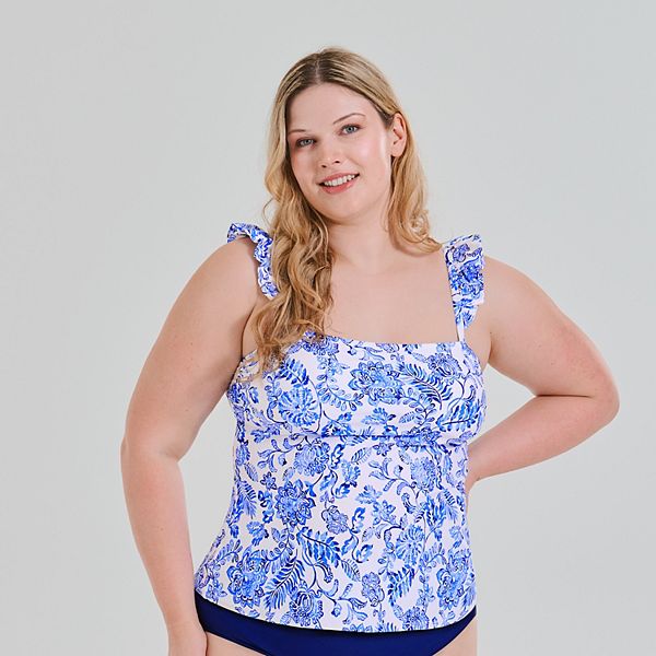 Summer Splash Floral Ruffle Bandeau Tankini Top (Plus Size) - Final Sale