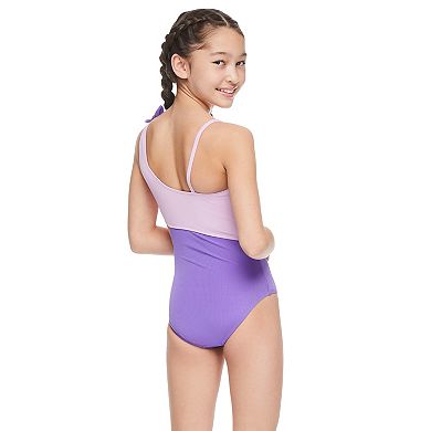 Girls 7-16 Breaking Waves Sharkbite One Shoulder One-Piece Swimsuit With Bow