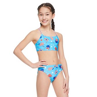Girls 7-16 Breaking Waves 2 pc Braided Strap Swim Bralette with Swim Bottoms