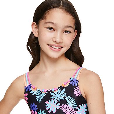 Girls 4-18 Breaking Waves Tropical Black Friendship One-Piece Swimsuit in Regular & Plus Size