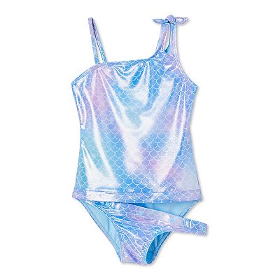 Girls 4-12 Breaking Waves Adaptive Mermaid One Shoulder One-Piece Bow Swimsuit