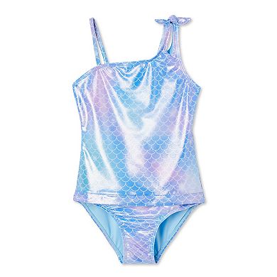 Girls 4-12 Breaking Waves Adaptive Mermaid One Shoulder One-Piece Bow Swimsuit