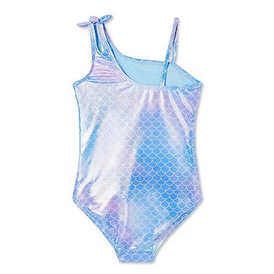Girls 4-12 Breaking Waves Adaptive Mermaid One Shoulder One-Piece Bow Swimsuit