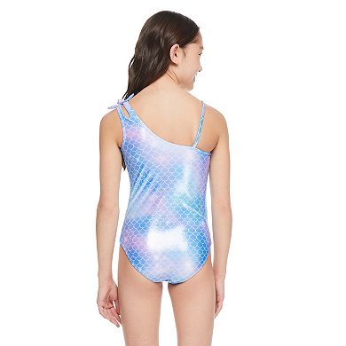 Girls 4-12 Breaking Waves Adaptive Mermaid One Shoulder One-Piece Bow Swimsuit
