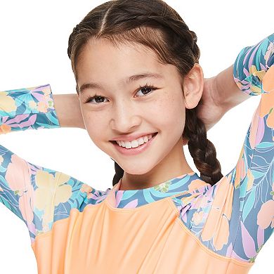 Girls 4-16 Breaking Waves Long Sleeve One-Piece Swimsuit Rashguard With Zip Back