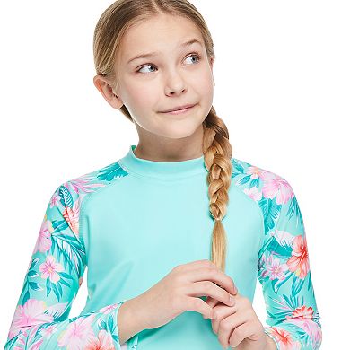 Girls 4-16 Breaking Waves 2-Piece Long Sleeve Rashguard Top With Swim Bottoms