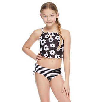 Girls 7-18 Breaking Waves Black Daisy Stripe Lettuce Midkini Swimsuit in Regular & Plus Size