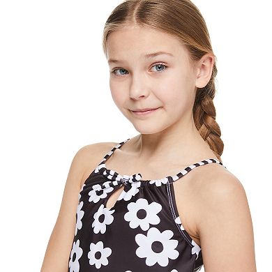 Girls 7-18 Breaking Waves Black Daisy Stripe Lettuce Midkini Swimsuit in Regular & Plus Size