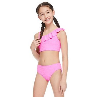 Girls 7-16 Breaking Waves One Shoulder Flounce Bikini Top With Scoop Bottom