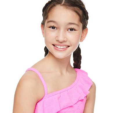 Girls 7-16 Breaking Waves One Shoulder Flounce Bikini Top With Scoop Bottom