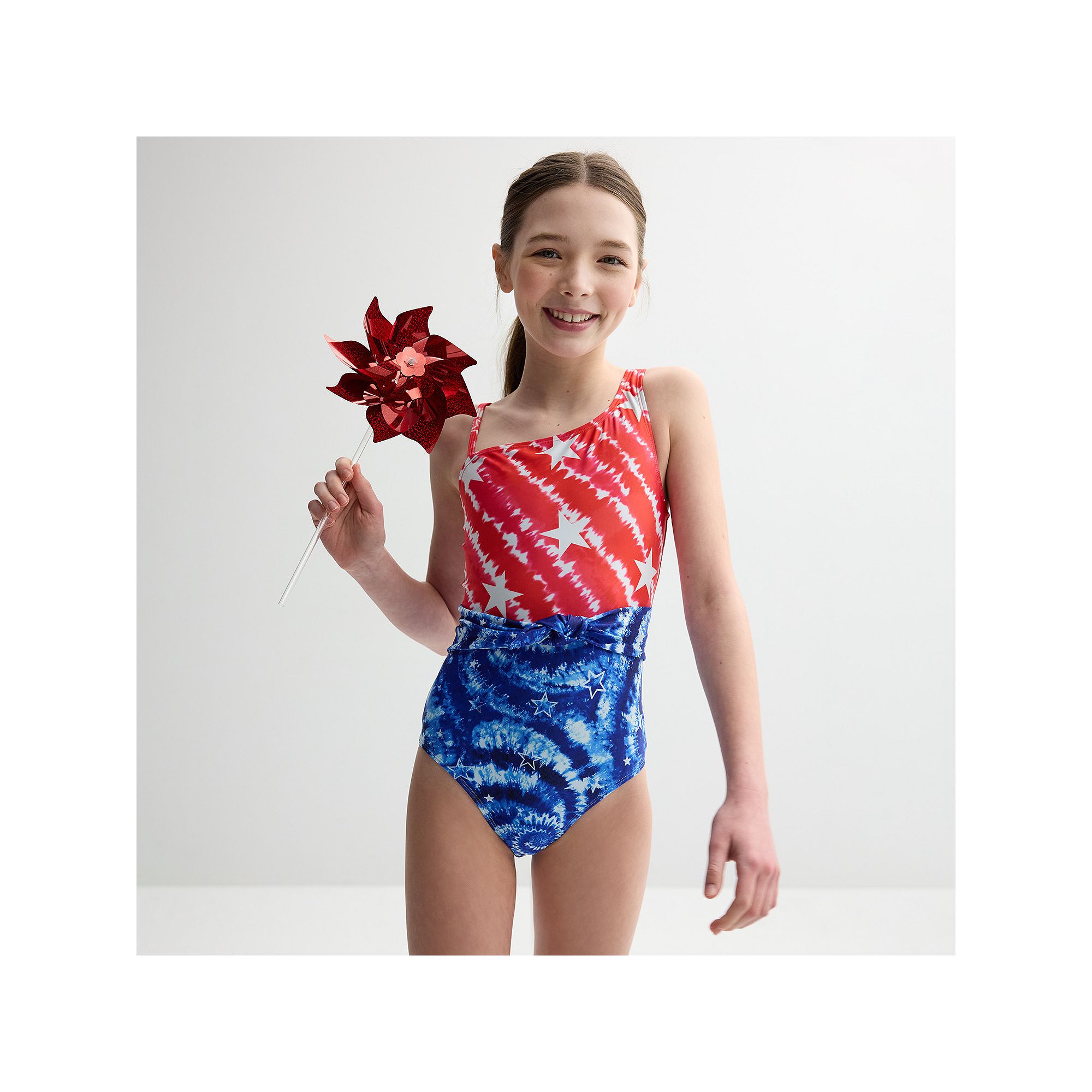 Girls 7-16 Breaking Waves One Shoulder One-Piece Swimsuit With Sash Tie, Gi