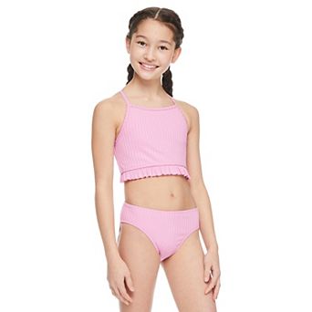 Girls 4-18 Breaking Waves Purple Peplum Lurex Rib Midkini Swimsuit in Regular & Plus Size