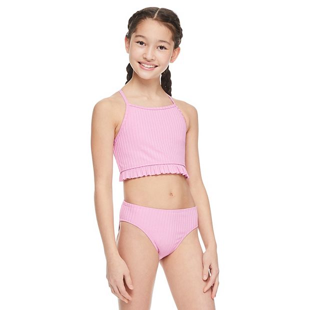 Girls 4-18 Breaking Waves Purple Peplum Lurex Rib Midkini Swimsuit