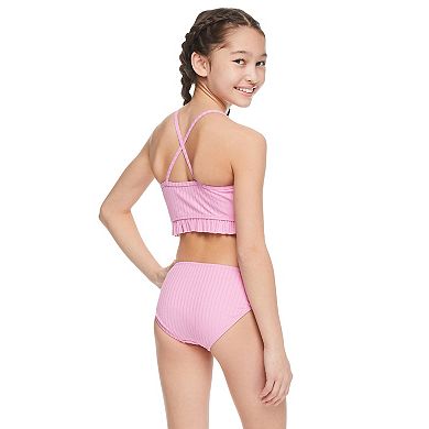 Girls 4-18 Breaking Waves Purple Peplum Lurex Rib Midkini Swimsuit in Regular & Plus Size