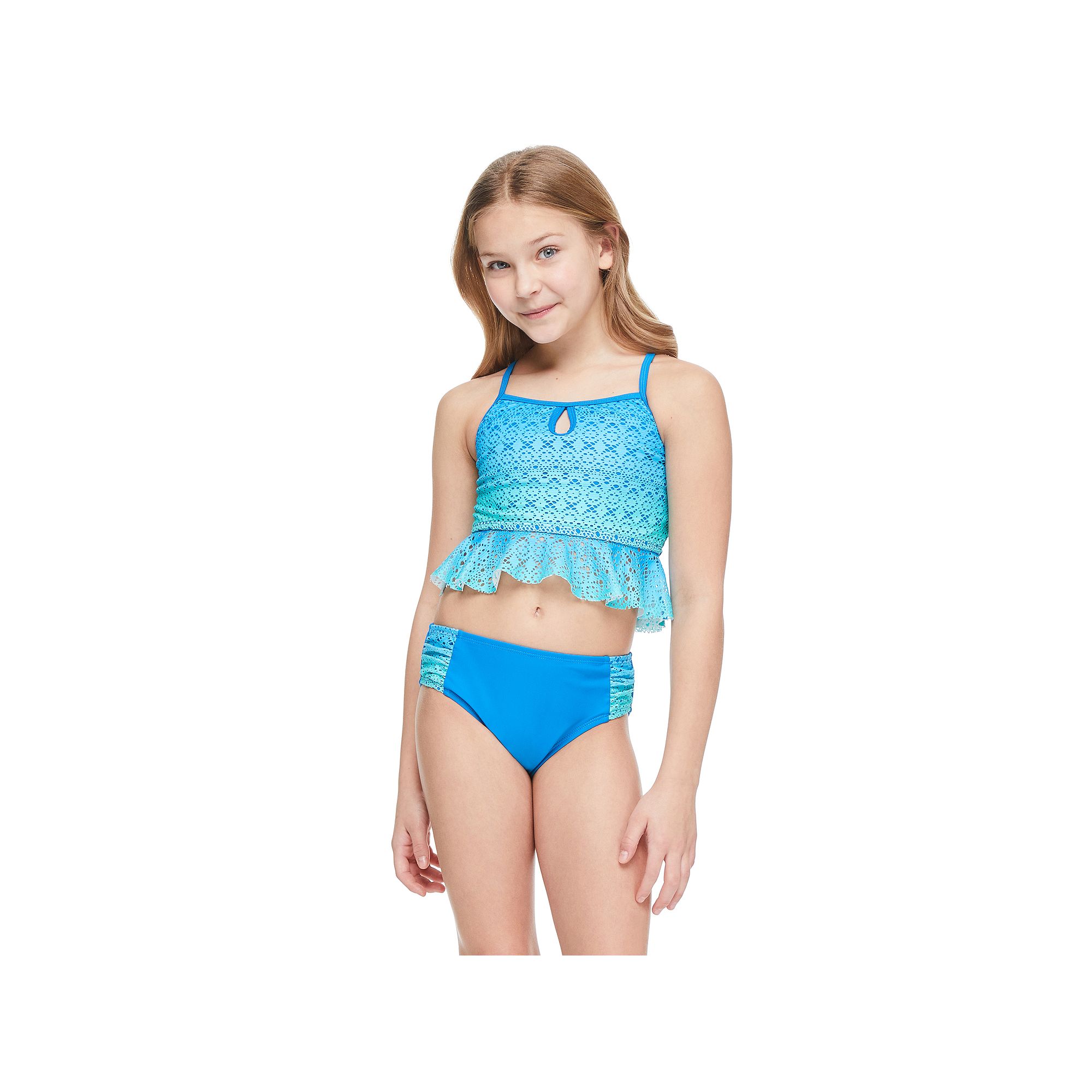 Girls 4-16 Breaking Waves Keyhole Crochet Tankini With Flounce And Side Tab